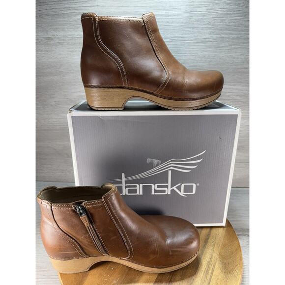 Dansko Barbara Women's Boots Sz 37 Brown Leather Side Zip Ankle Boot
